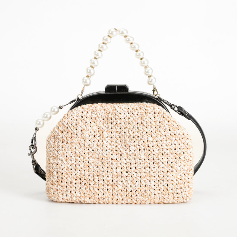 Sweet Pearl Decorative Beige Straw Cross Body Bag Black Leather Shoulder Strap+Pearl chain Entry Lux Elegant Women's Bag