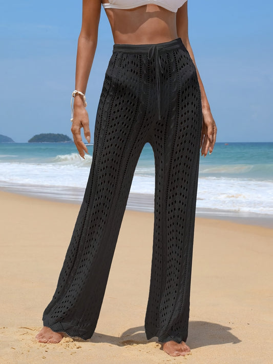 Women'S Casual Long Sleeveless Hollow-Out Crochet Beach Pants, Black, Lightweight Polyester, Side Button Closure, Perfect for Summer Vacation