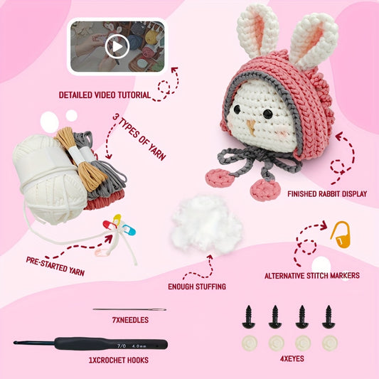 DIY Crochet Kit For Beginners, Handmade Rabbit Doll, Animal Crochet Easy Learn To Starter Knitting Kit And Occasion Fabric Material Pack For Festival, Adults DIY With Instructions And Video Tutorials