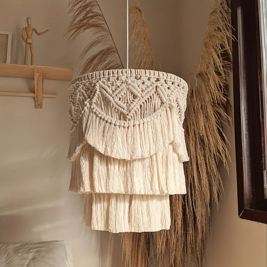 1Bohemian Style Handwoven Tassel Lampshade - Exquisite Knot Flower Design，Artistic Home Decor Suitable for Living Room and Bedroom（Bulb Not Included），Natural fiber material，Vintage Hanging Lampshade