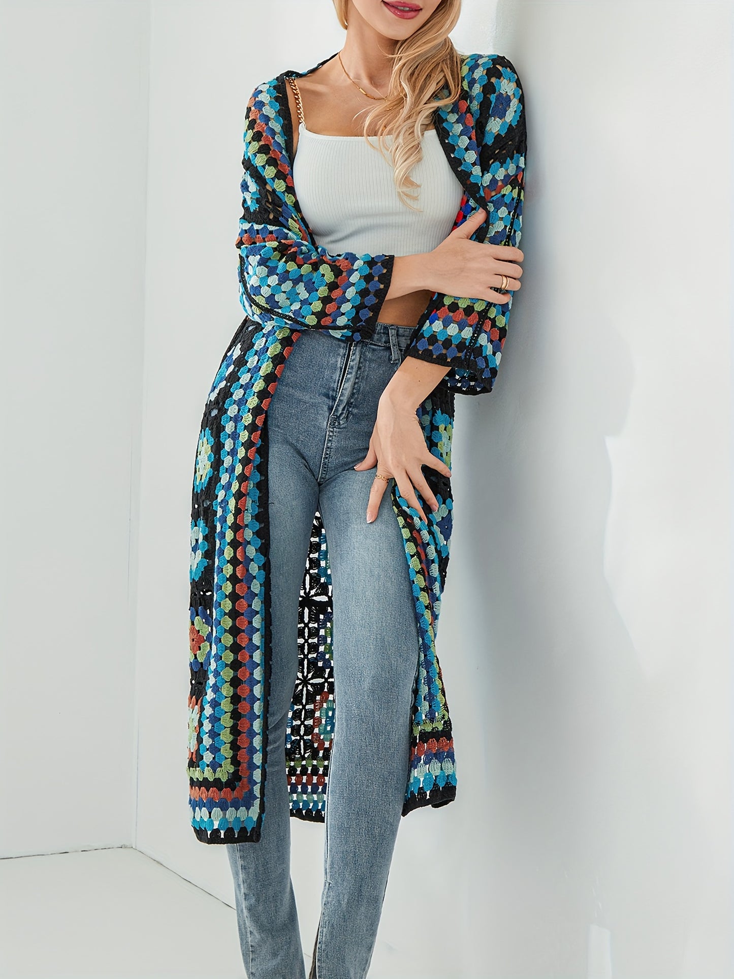 Women's Bohemian Crochet Floral Cardigan - Open Front Long Sleeve Lace Sweater with Vibrant Floral Print, Machine Washable All-Season Casual Outwear Coat, Crochet Cardigan, Stylish Layering, Detailed Craftsmanship