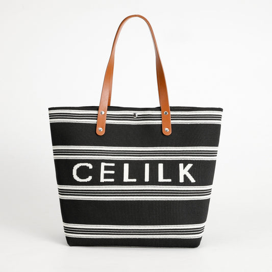 [CEILK Black and White Striped Tote]Large Capacity Commuter Bag Brown Leather Handle Simple Fashion Flying Woven Bag