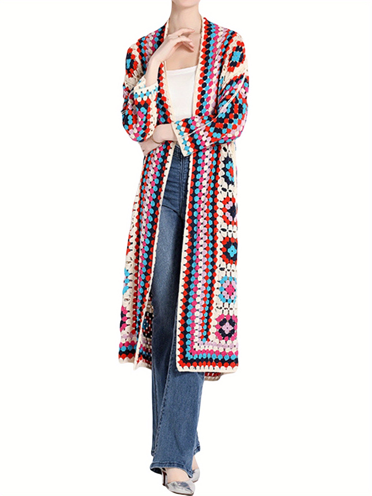 Women's Bohemian Crochet Floral Cardigan - Open Front Long Sleeve Lace Sweater with Vibrant Floral Print, Machine Washable All-Season Casual Outwear Coat, Crochet Cardigan, Stylish Layering, Detailed Craftsmanship