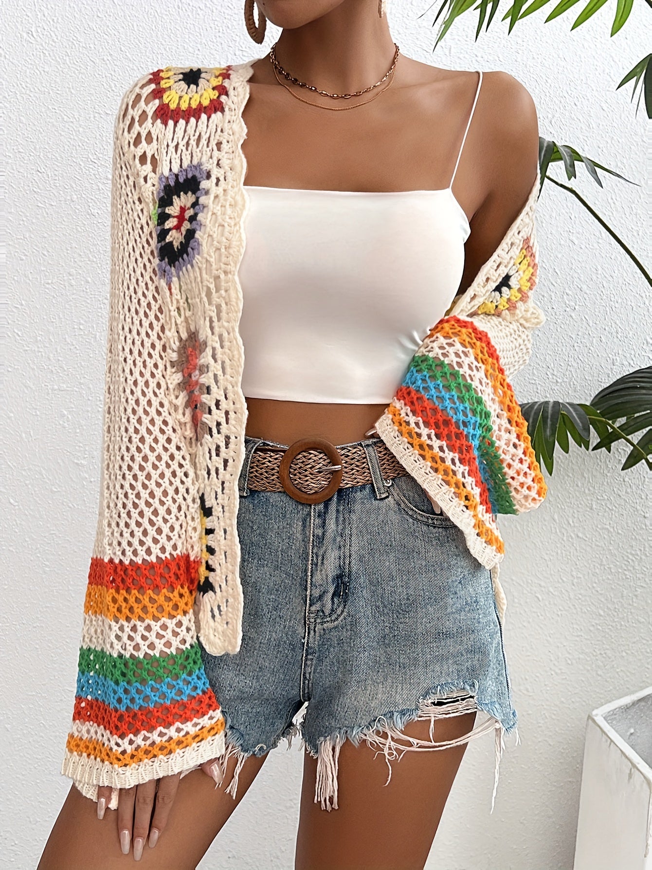 Crochet Open Front Cardigan, Casual Long Sleeve Hollow Out Cardigan For Spring & Fall, Women's Clothing
