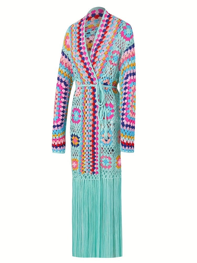 EDOLYNSA Handmade Crochet Tassel Women's Elegant Sweater Jacket Casual Vacation Long Cardigan Women's Spring and Autumn Jacket Swimwear Cover-up A1215