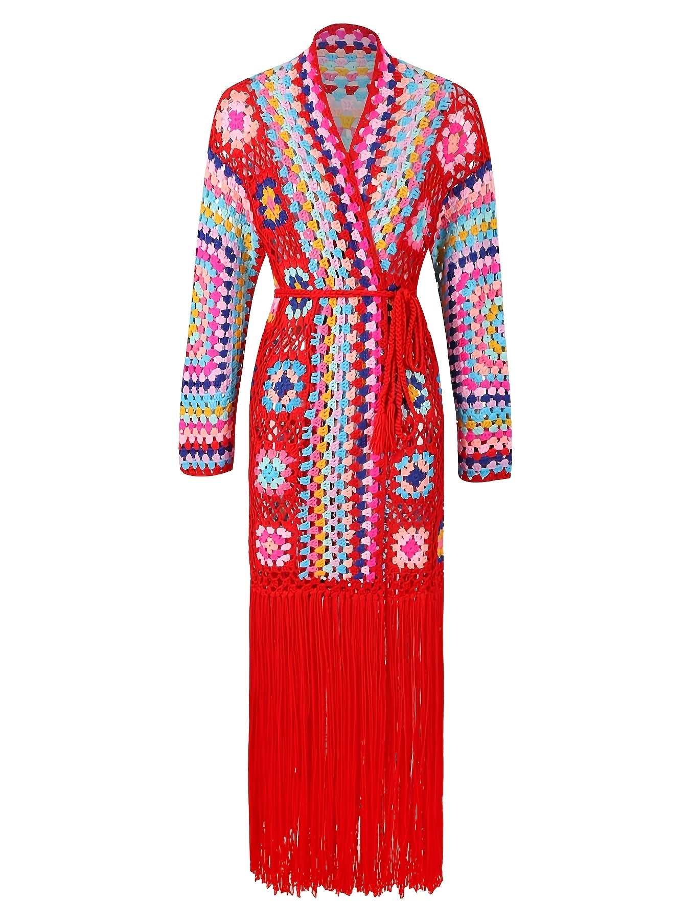 [Casual Knitted Cardigan] Long-Sleeved Women's Knitted Open-Front Cardigan - Casual Tassel Hollow Hand-Crocheted Long Coat for Women Swimsuit Cover-Ups A1215