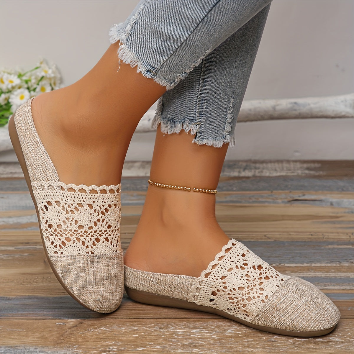 Women'S Casual Slip-On Mules - Breathable Linen and Mesh Summer Sandals, Flat Heel, Lightweight TPR Sole, Outdoor Comfort, Crochet Shoe Design | Knitted Texture Footwear, Comfortable Footwear | Crochet Pattern | Breathable Sandals