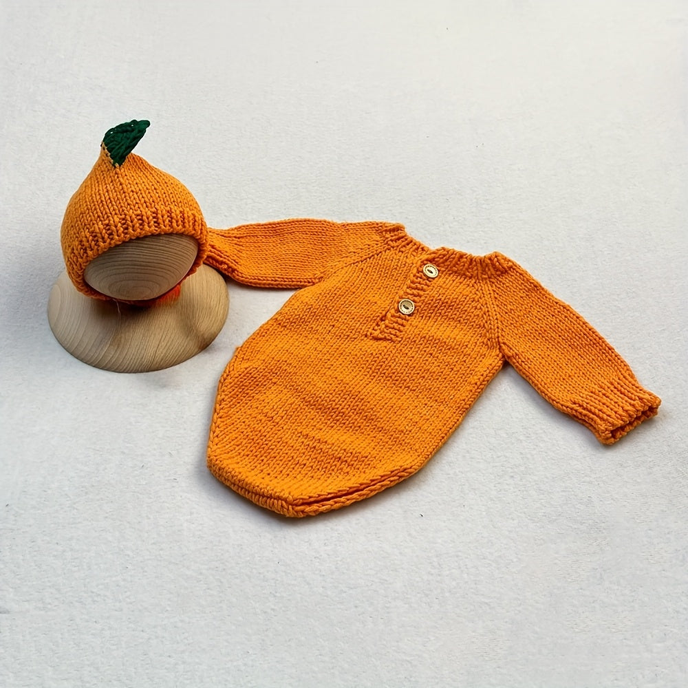Newborn Photography Outfit Orange Theme Knit Hat and Long Sleeve Romper Studio Photo Shooting Accessories Set Easter Shower Gift for Baby Girl Boy