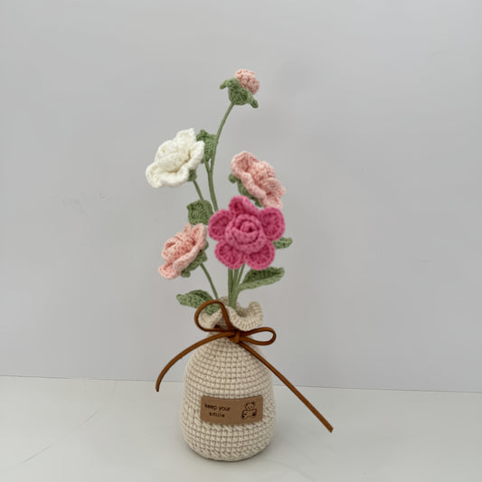 1 Handmade Crochet Yarn Rose Flower，With vase，Modern Fabric Floral Decoration，Christmas、Easter、Mother's Day、Graduation Ceremony、June 10th - Home and Event Decoration，High Quality