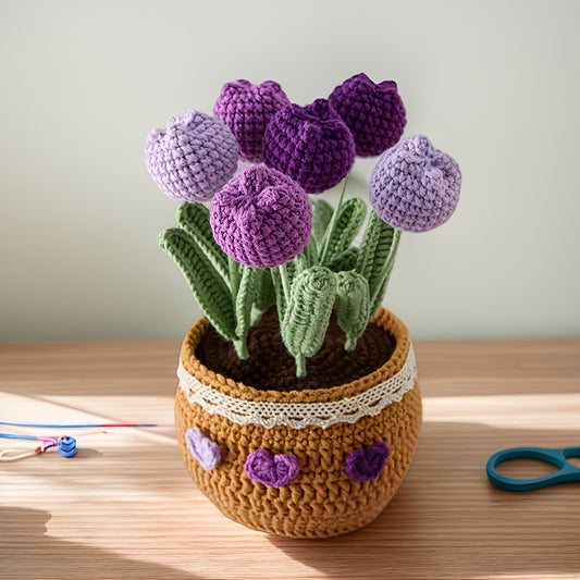 Heartfelt Gift Handmade Crochet Artificial Tulip Potted Plant Yarn Craft Home Decoration or Office Decoration