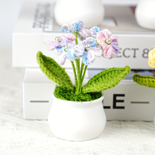4Handwoven Forget-Me-Not Flower Pot Decoration - Pearl Embellished Faux Mini Fabric Plant，White Flower Pot Home Office Desktop Car Decoration，Birthday Valentine's Day Mother's Day Gifts（purple、Pink、Light Purple、Yellow），Vintage Crochet Floral，Exquisite Cro