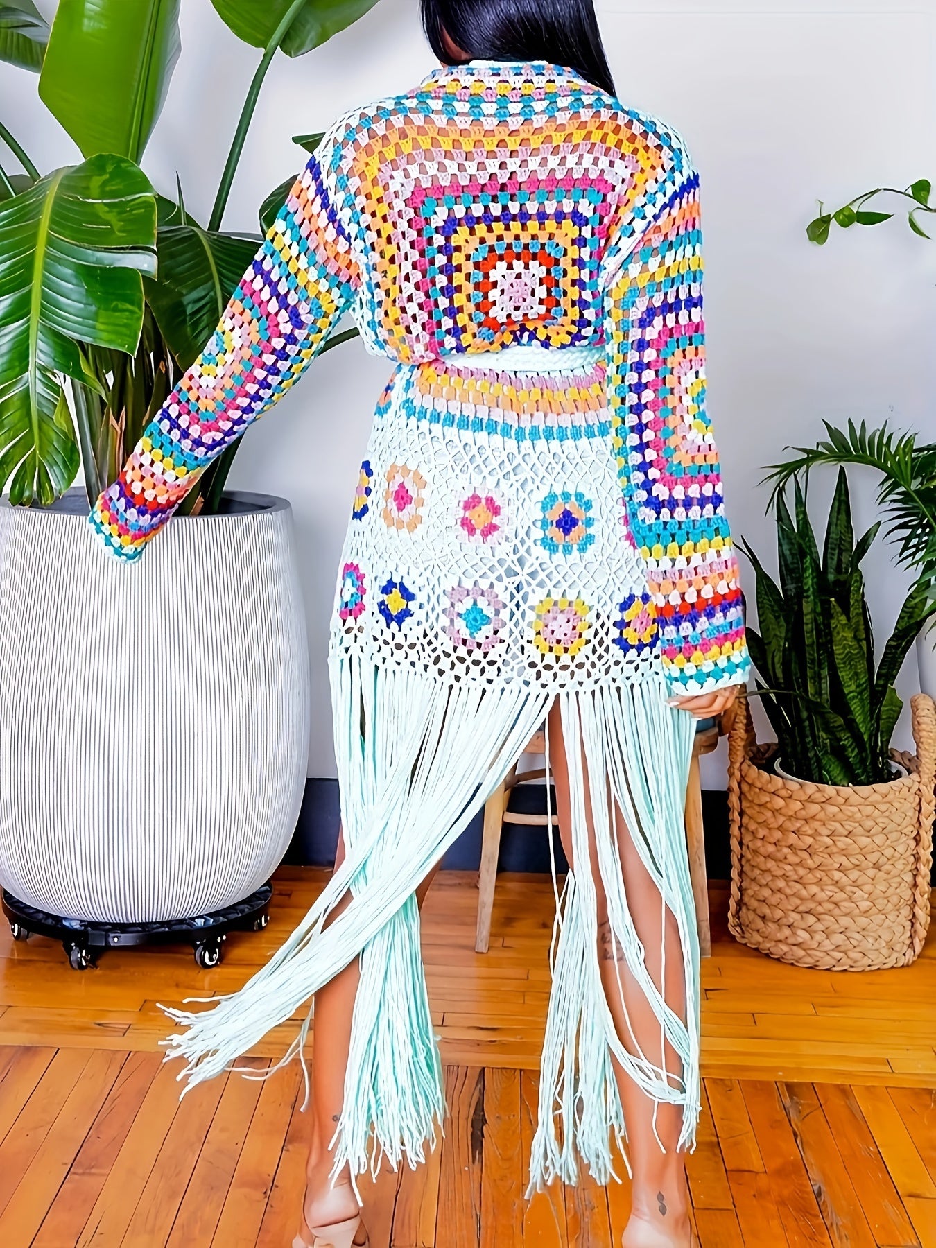 EDOLYNSA Handmade Crochet Tassel Women's Elegant Sweater Jacket Casual Vacation Long Cardigan Women's Spring and Autumn Jacket Swimwear Cover-up A1215