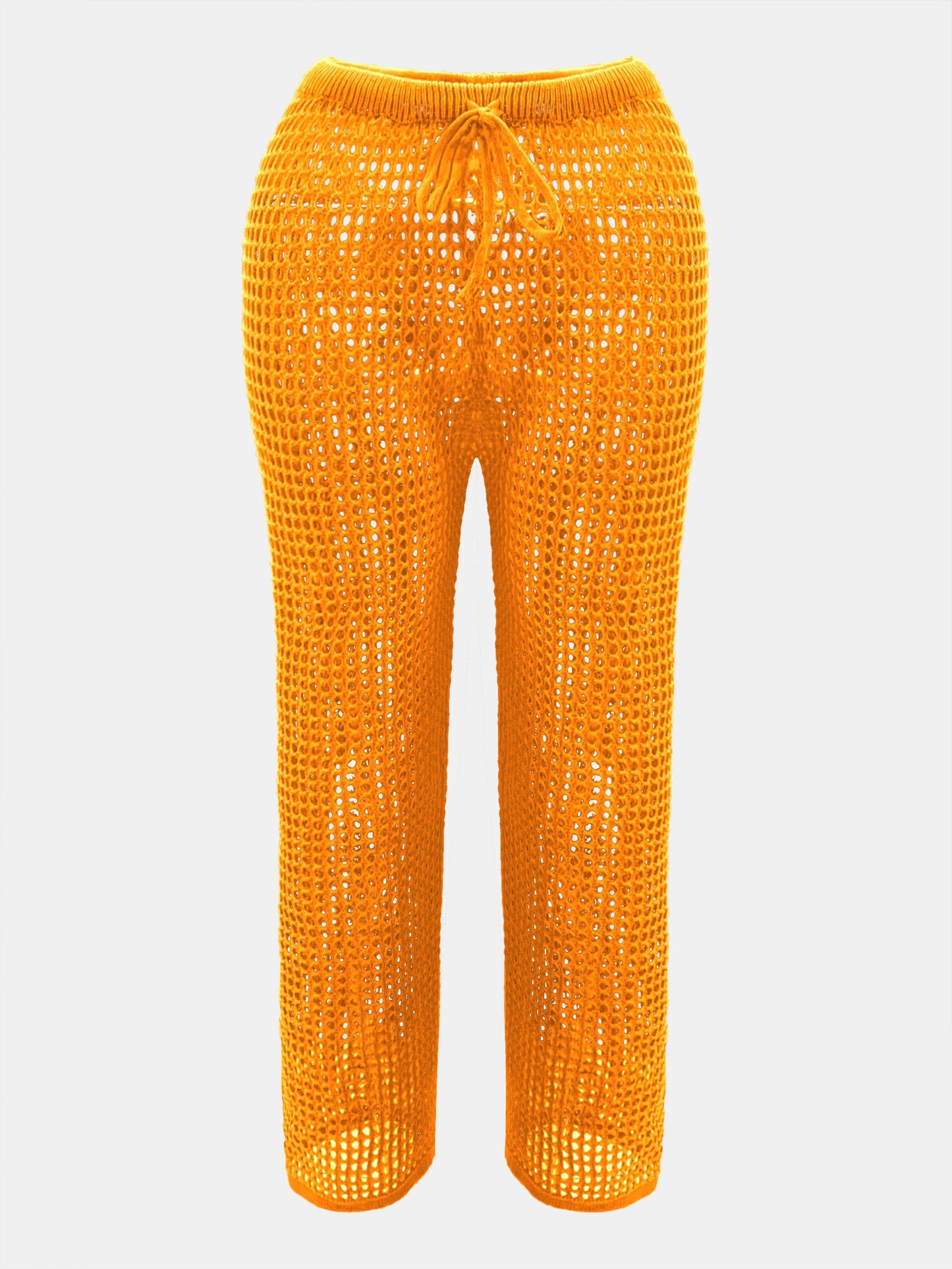 Women's Bright Orange Crochet-Texture Drawstring Waist Straight-Leg Beach Pants - Lightweight Semi-Sheer Summer Vacation Pants with Medium Stretch, Hand Wash/Dry Clean, Beach Clothes