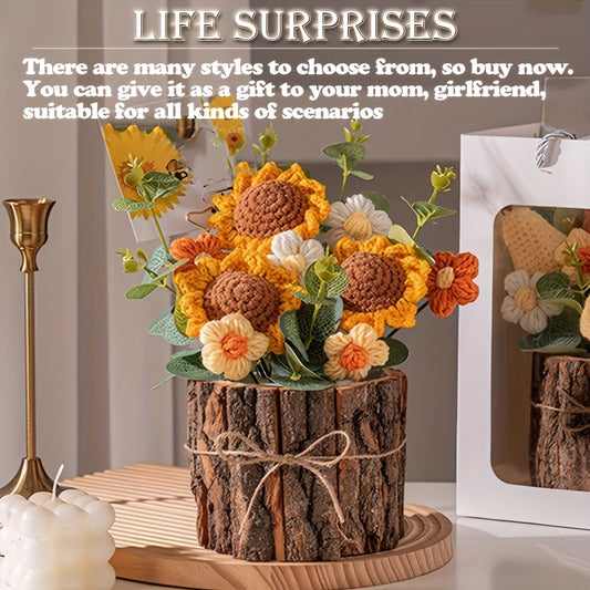 1 Handmade Crochet Sunflower Bouquet，Suitable for home decoration and desktop display，Simulated Polyester Flower，Christmas、Halloween、Easter、Thanksgiving Day、Seasonal Decorations for Valentine's Day and Mother's Day - No Battery Required