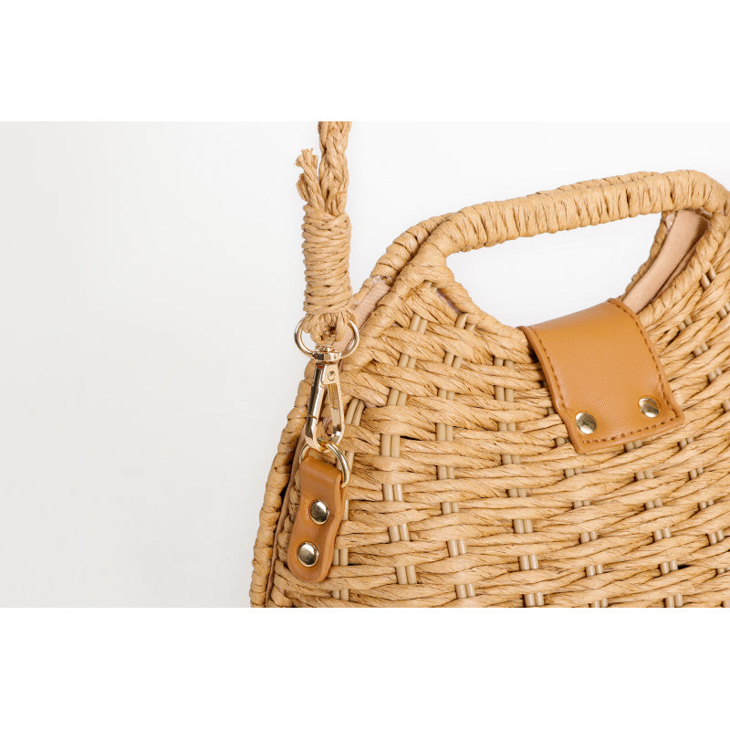 Mori Braided Handbag Natural Straw Tote Bag Light Brown Leather Decoration+Metal Lock Buckle Removable Shoulder Strap Multi-Purpose Package Non-Slip Foot Design