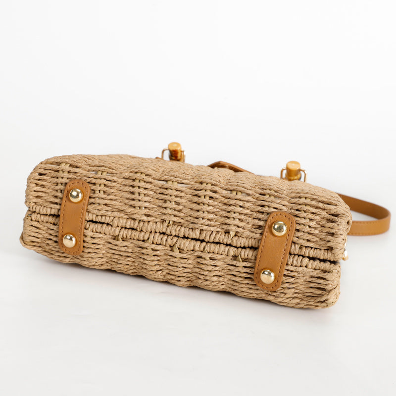 Mori Braided Handbag Imitation Bamboo Handle Cowhide Decorative Tote Bag Metal Rivet Buckle Non-Slip Foot Pad Crossbody Commuter Vacation Bag
