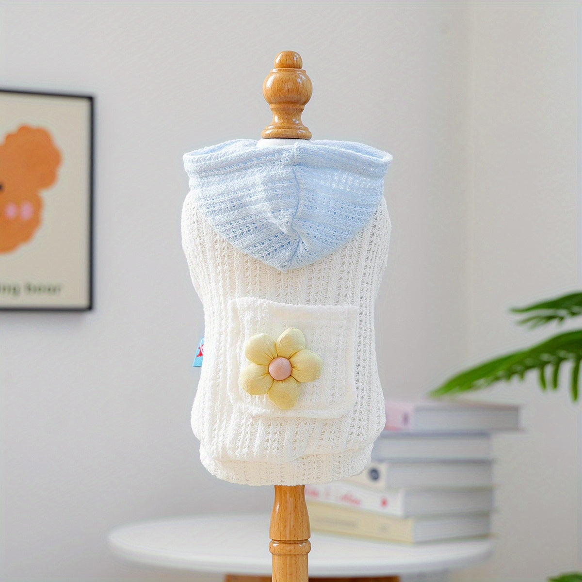 Light Blue and White Crochet Knitted Small Dog Hoodie - Breathable Pullover with Flower Patch，Adjustable Hood Pocket and Pocket，Spring Summer Autumn Teddy Bichon Fluffy Plush Dog Clothes，Comfortable Pet Shirt for Small Dogs