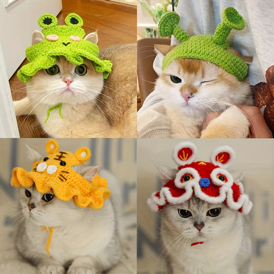 Elegant Crochet Cat Hat，With ruffle edges and floral decorations – Soft material，Easy to Wear – Perfect for Birthday、Holiday、Travel photos – Suitable for small to medium-sized cats – Cute pet accessories，Cat Party Costume |Cute Cat Accessories |Decorative
