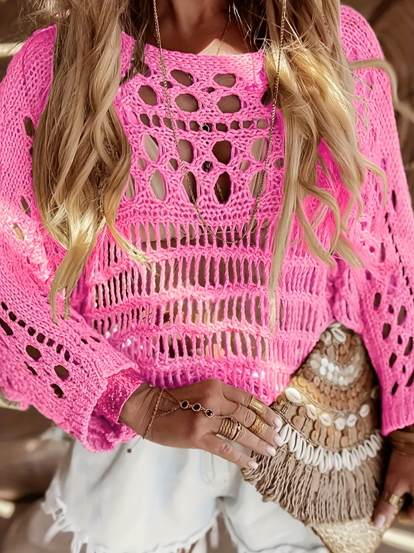 Women'S Bohemian Off-Shoulder Long Sleeve Crochet Top - Lightweight Acrylic Beach Cover-Up with Cut-Out Design, Perfect for Spring/Summer Vacations & Casual Outfits, Beach Coverup, Vacation Clothing, Crochet Texture, Crochet Details
