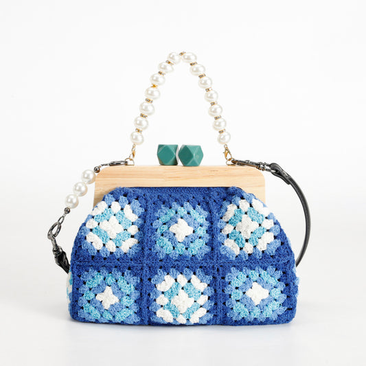 Vintage Handmade Blue Handicraft Crochet Hand Bag Flower Wooden Coin Purse Leather Shoulder Strap Bohemian Woven Handbag