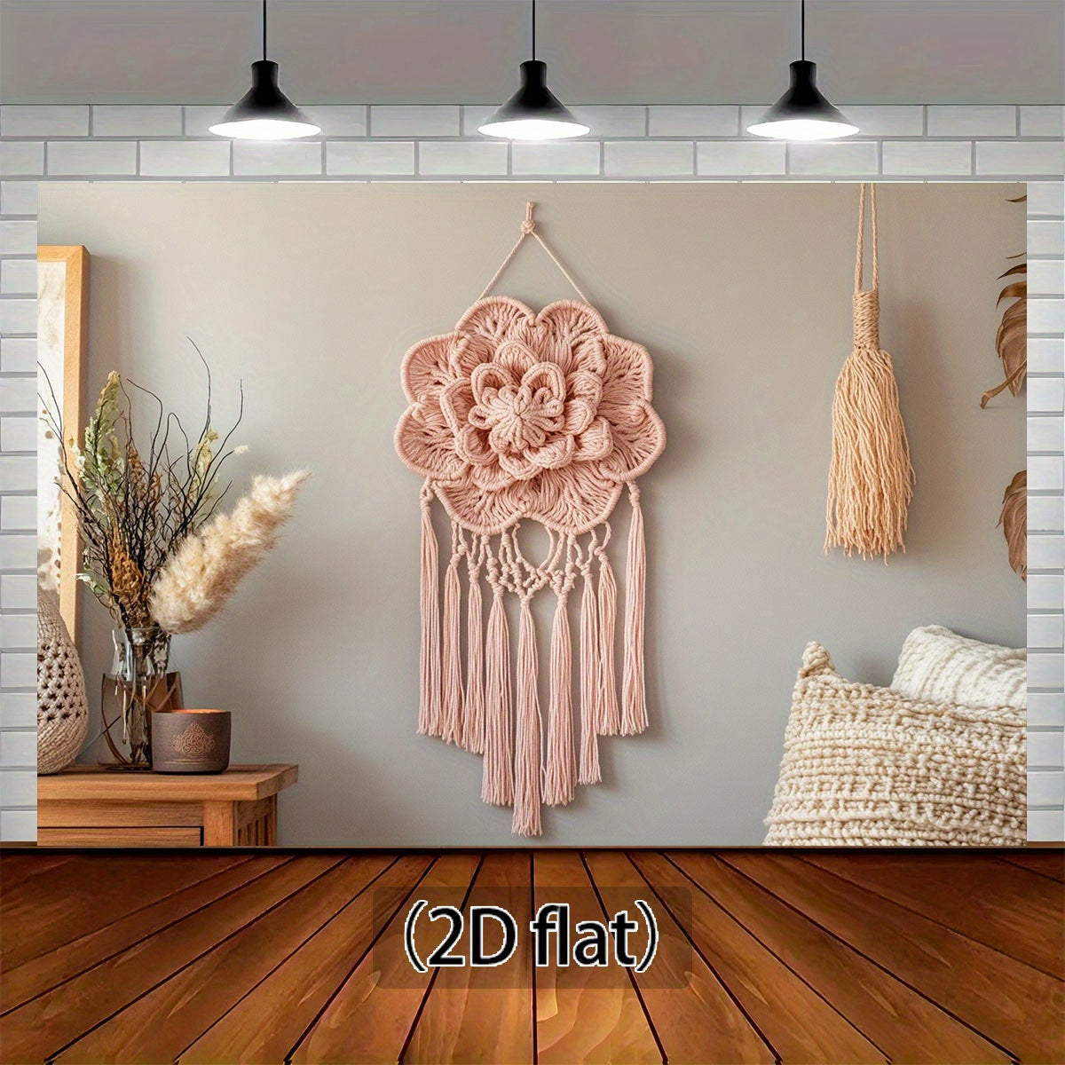 A Bohemian Style Floral Macron Wall Hanging，Comes with a wooden base and cushion - Pink tassel decoration，Suitable for Families、Office or photography backdrop，No Electricity Required，Multi-Purpose，Suitable for All Occasions，Home Decorations | Bohemian Sty