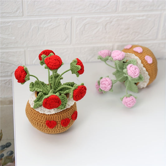 1Crochet Yarn Flower Pot Plant Car Ornament Eternal Flower Yarn Ornament Bonsai Gardening Handmade Crochet Lucky Tulip Yarn Potted Plant Artificial Living Room Decoration Father's Day Mother's Day Graduation Season Halloween Christmas Decoration Artificia