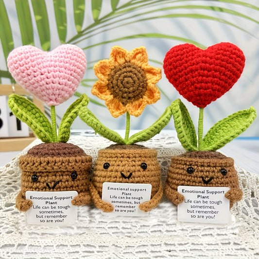 3 Handmade Soft Crochet Heart-Shaped Flower Pot，Decorated with sunflower，Emotional Support Plants，Suitable for birthday gifts and room decoration