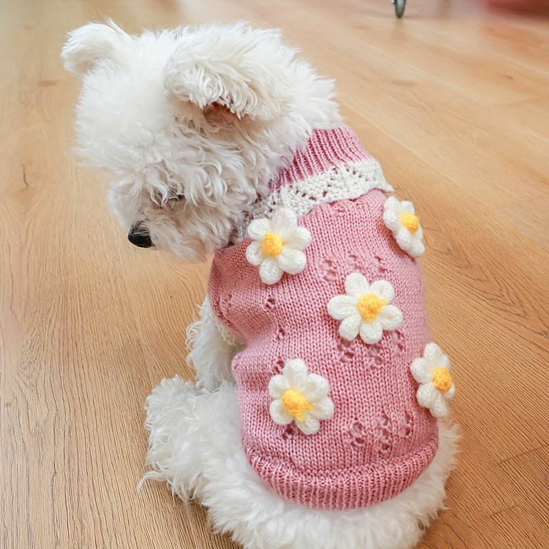 Small Dog Floral Knit Sweater - 100%Nylon Thermal Pullover，Pink white flower pattern，Suitable for Pomeranian、Bichon、Comfortable Autumn and Winter Dog Clothes for Small Breeds Like Poodles