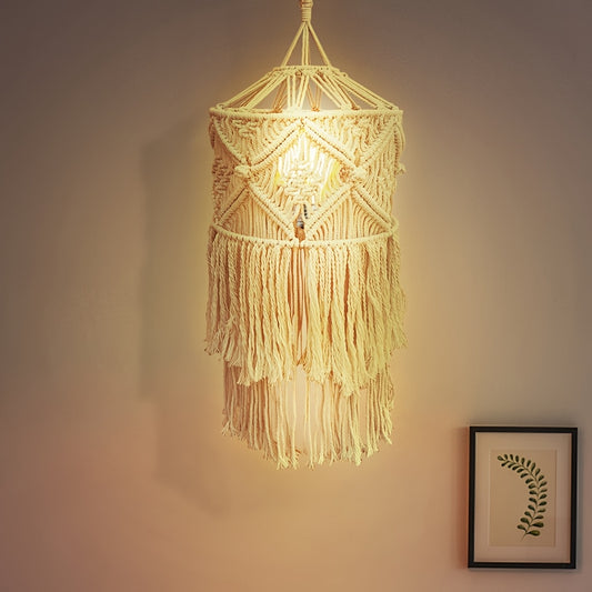 Bohemia style grids Handwoven Tassel Lampshade - Large Decorative Hanging Lampshade，No Battery Required（Lamp not included），Handmade，Chandelier