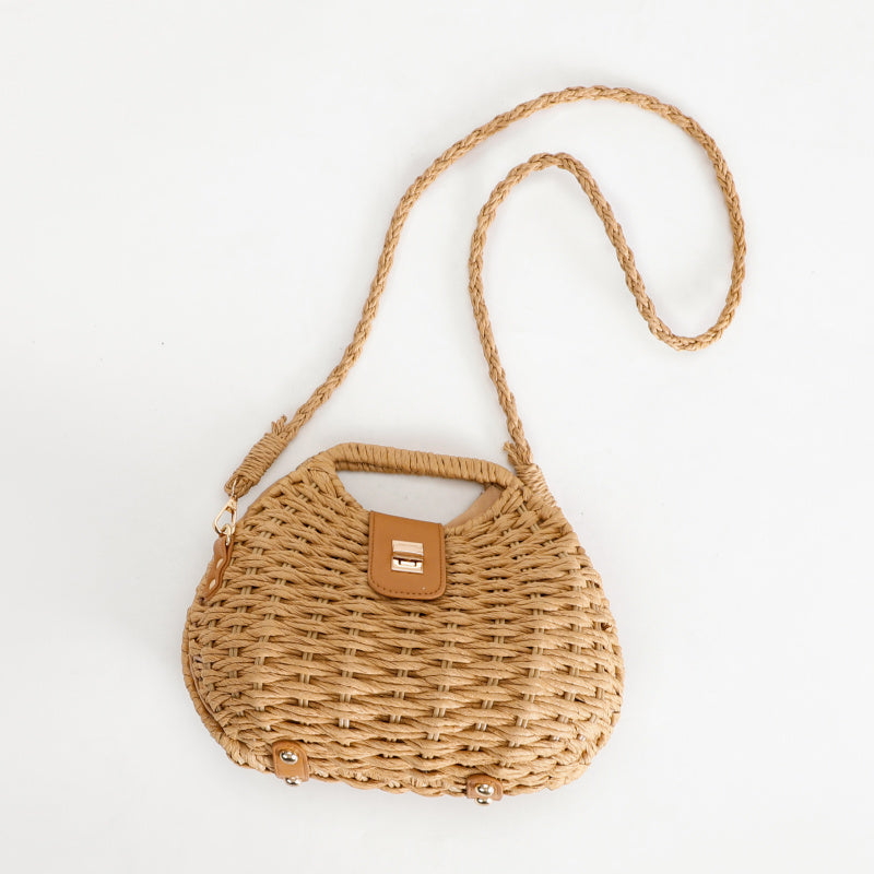 Mori Braided Handbag Natural Straw Tote Bag Light Brown Leather Decoration+Metal Lock Buckle Removable Shoulder Strap Multi-Purpose Package Non-Slip Foot Design