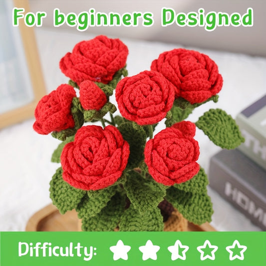 Complete Crochet Kit for Adults - Rose Flower Pot Design，Comes with step-by-step video tutorials，Crochet Knitting Kit for Beginners，Bright red roses and green leaves，Planted in a striped flower pot，Perfect for Home Decoration，DIY DIY Kits|Flower Crochet K