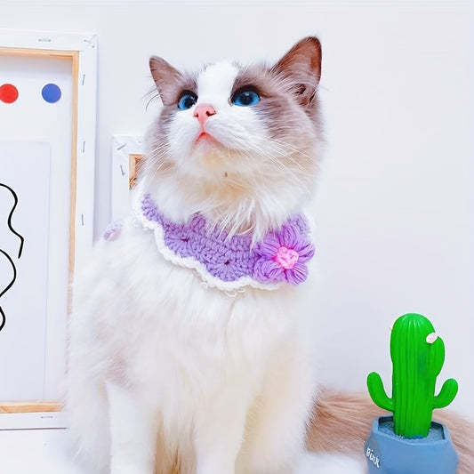 Hand Knitted Pet Scarf，With floral design - Light，Fashionable All-Season Accessories，Suitable for small to large dogs and cats，Polyester Fiber，Weaving，Multiple Colors（Blue，Yellow，Pink，green，purple），Dog scarf，Pet Play Accessories，Durable Pet Clothing