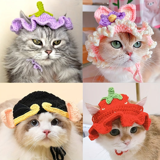 Stylish Crochet Cat Hat with Ruffled Edges and Floral Decorations - Soft Material，Easy to Wear - Suitable for Birthday、Holiday、Travel Photography - Suitable for small and medium-sized cats - Cute Pet Accessories | Playful Cat Clothing | Decorative Pet Clo