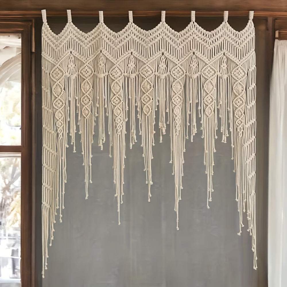 1Pieces Macrame Wall Hanging Bohemian Style Wall Decoration Tapestry Curtain Valance Short Door Curtain Handwoven Lace Tassel Leaf Curtain Partition Curtain - Does not include wooden sticks