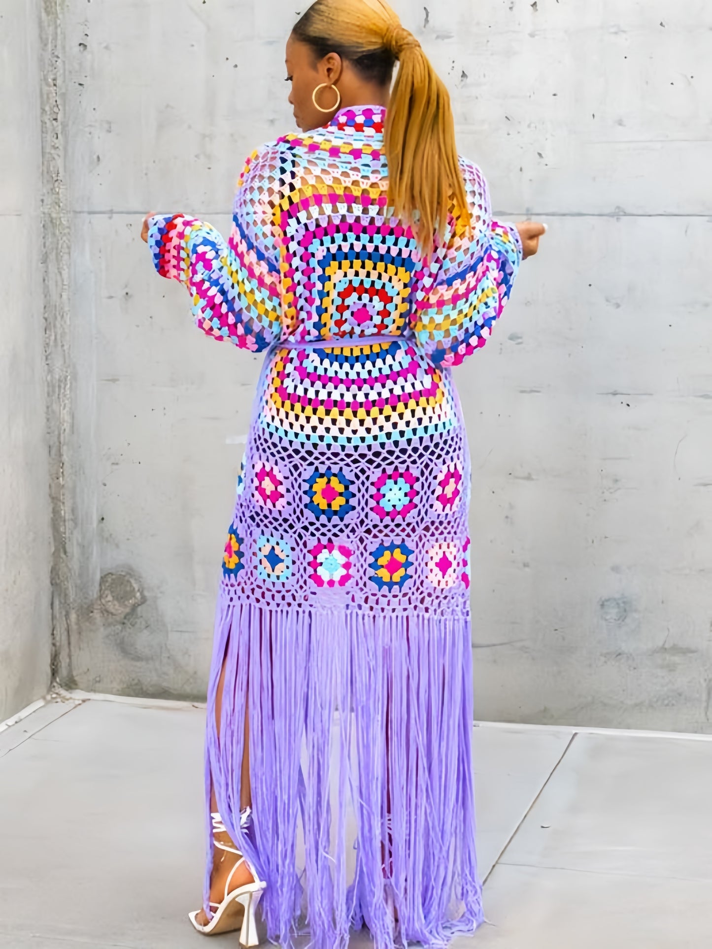 [Casual Knitted Cardigan] Long-Sleeved Women's Knitted Open-Front Cardigan - Casual Tassel Hollow Hand-Crocheted Long Coat for Women Swimsuit Cover-Ups A1215