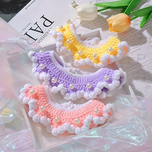 Handmade Crochet Cat and Dog Scarf - Floral Pearl Embellishments，Lightweight, adjustable, suitable for all seasons，Suitable for small to large dogs，Soft and durable material，Wavy Edge Design，Fashion Accessories（Yellow/Purple/Pink/White），Light Color Series