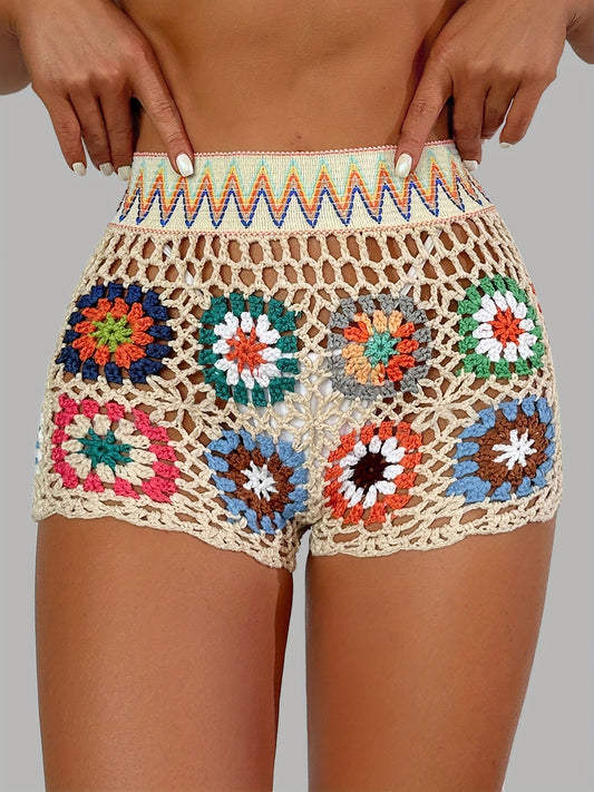 Women's Sexy Crochet Beach Cover-Up Shorts - Colorful Tropical Floral Hollow-Out Design, Semi-Sheer Waistband, Lightweight Stretchy Swimwear Wrap Shorts for Poolside & Summer Vacations, Festive Beachwear, Elegant Floral Pattern, Elegant Craftsmanship, Res