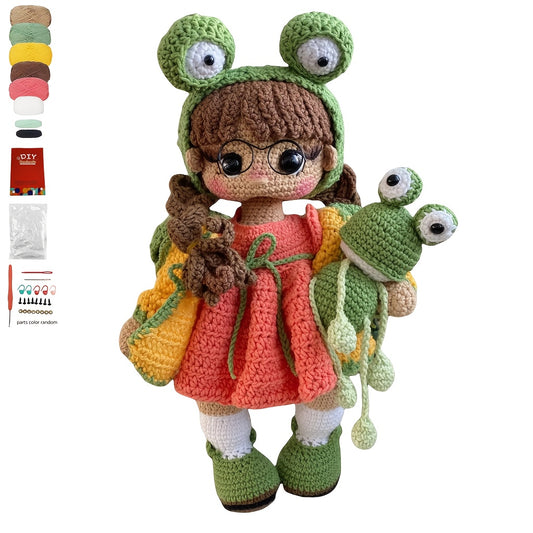 Little Girl with Frog Glasses Crochet Kit - DIY Crocheted Set with Yarn, Hooks, and Step-by-Step Tutorial, Perfect for Home Decor, Ideal Gift for Crochet Enthusiasts, Christmas and Birthday Present, Crochet Kits
