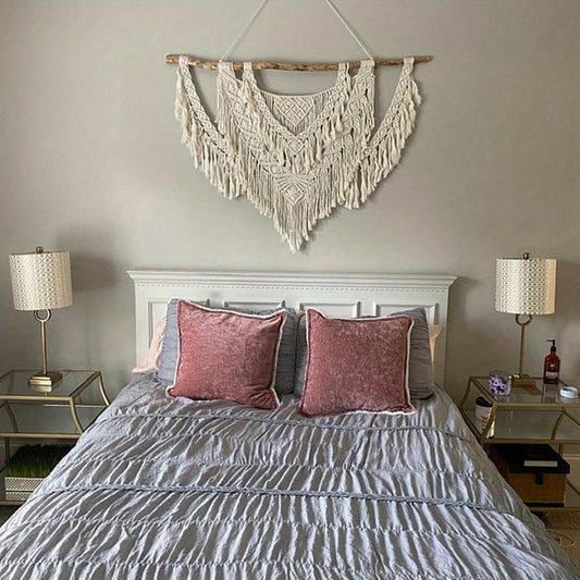 39 Inches Wide x 31 Inch Long Bohemian Style Driftwood Wall Hanging Tapestry，Featuring white tassels and intricate crochet patterns - Perfect for Bedroom、Living Room、Apartment and Wedding Decoration、Home Decoration and Accessories