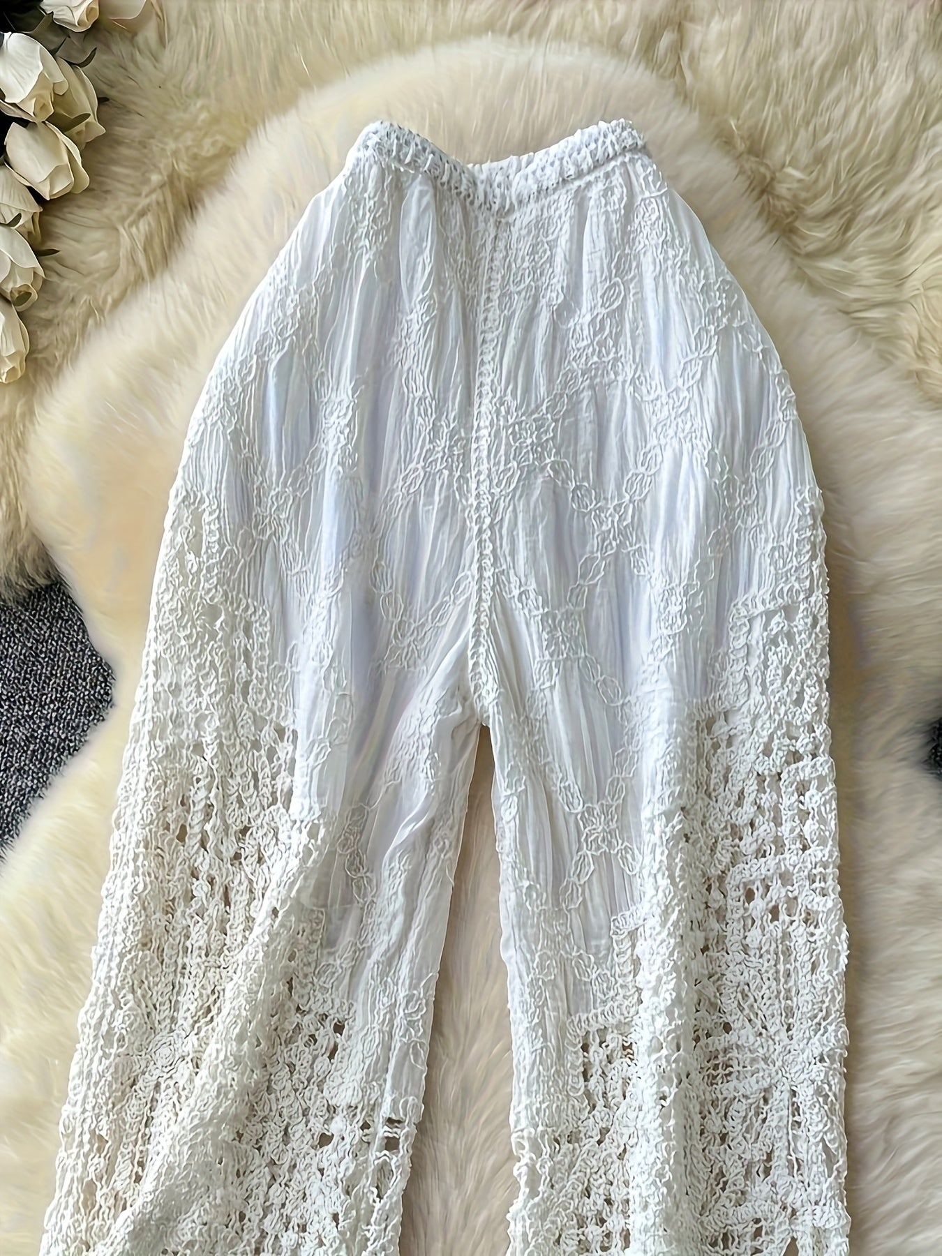 Women's Bohemian High-Waisted Wide-Leg Beach Pants - Crochet Lace Cut-Out Details, Semi-Sheer Lightweight Swimwear Cover-Up, Crochet-Style Design for Summer Poolside & Casual Outfits, Coverup Clothing, Intricate Openwork