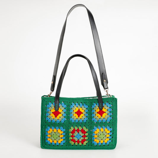 Vintage Rainbow Colored Crocheted Green Handbag Stitching Leather Handle+Dual-Purpose Shoulder Strap Mori Style Bohemian Style Women's Bag