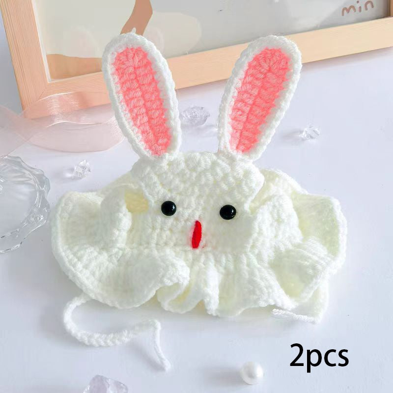 2Elegant Crochet Cat Hat with Bunny Ears，Ruffled edges and floral decorations - 100% Polyester Pet Clothing for Small to Medium Cats - Birthday、Holiday and Travel Photography Accessories - Comfortable Pet Clothing，Cute Bunny Theme，Comfortable Close-Fittin