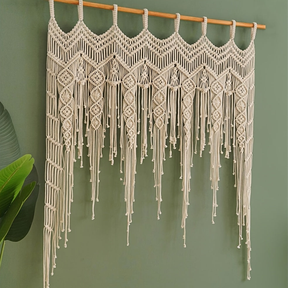 1Pieces Macrame Wall Hanging Bohemian Style Wall Decoration Tapestry Curtain Valance Short Door Curtain Handwoven Lace Tassel Leaf Curtain Partition Curtain - Does not include wooden sticks