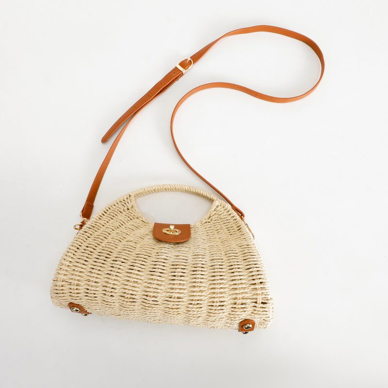 Hand-Woven Tote Natural Straw Shoulder Bag Brown Leather Flip Metal Buckle Portable Crossbody Dual-Use Non-Slip Foot Design