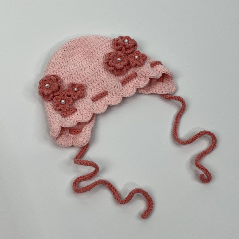 Customized products Handmade Crocheted Flower Decorated Baby Hat Cute Drawstring Baby Hat
