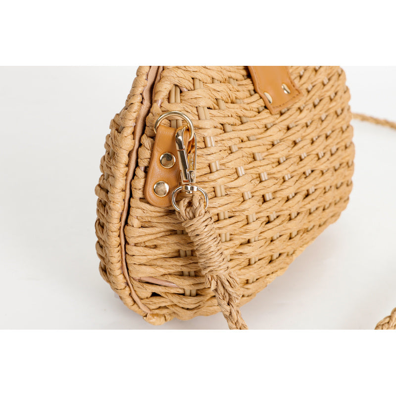 Mori Braided Handbag Natural Straw Tote Bag Light Brown Leather Decoration+Metal Lock Buckle Removable Shoulder Strap Multi-Purpose Package Non-Slip Foot Design