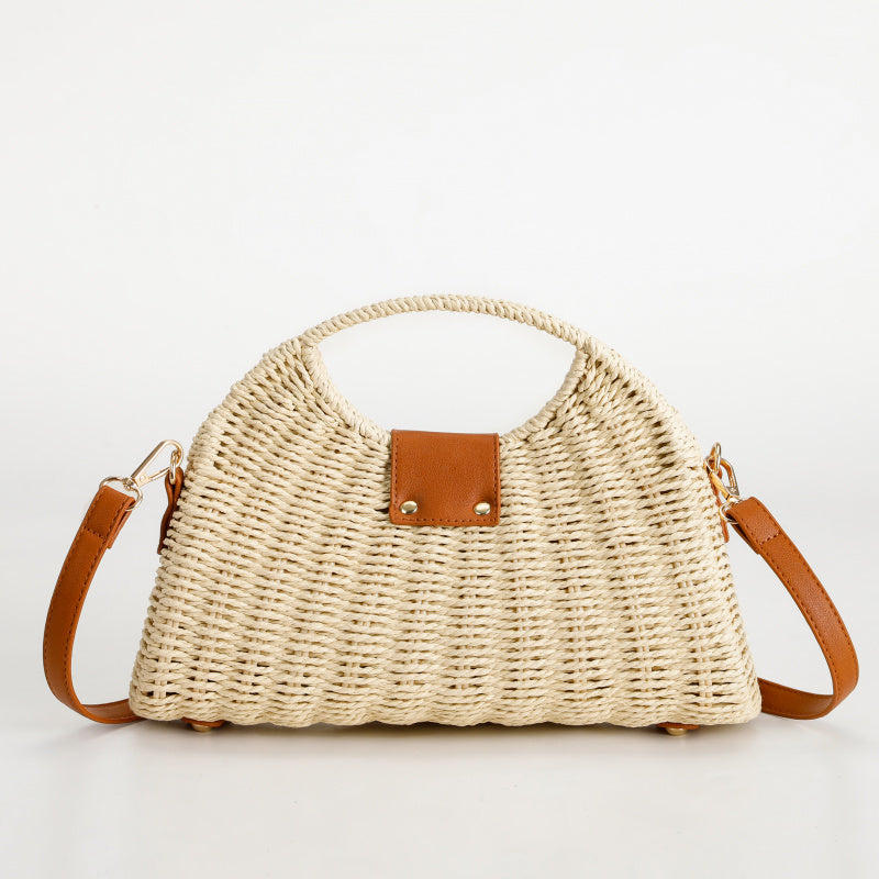 Hand-Woven Tote Natural Straw Shoulder Bag Brown Leather Flip Metal Buckle Portable Crossbody Dual-Use Non-Slip Foot Design