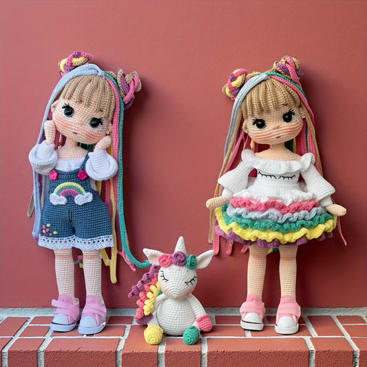 3pcs Adorable Sister Flower Hair Accessories Crochet Kits - Rainbow Girl & Unicorn Dolls with English Instructions - DIY Crochet Tote Bag, Perfect for Birthdays, Valentine'S Day, Weddings, Thanksgiving Gifts, All-Season Crafts, Birthday Crafts | Playful D