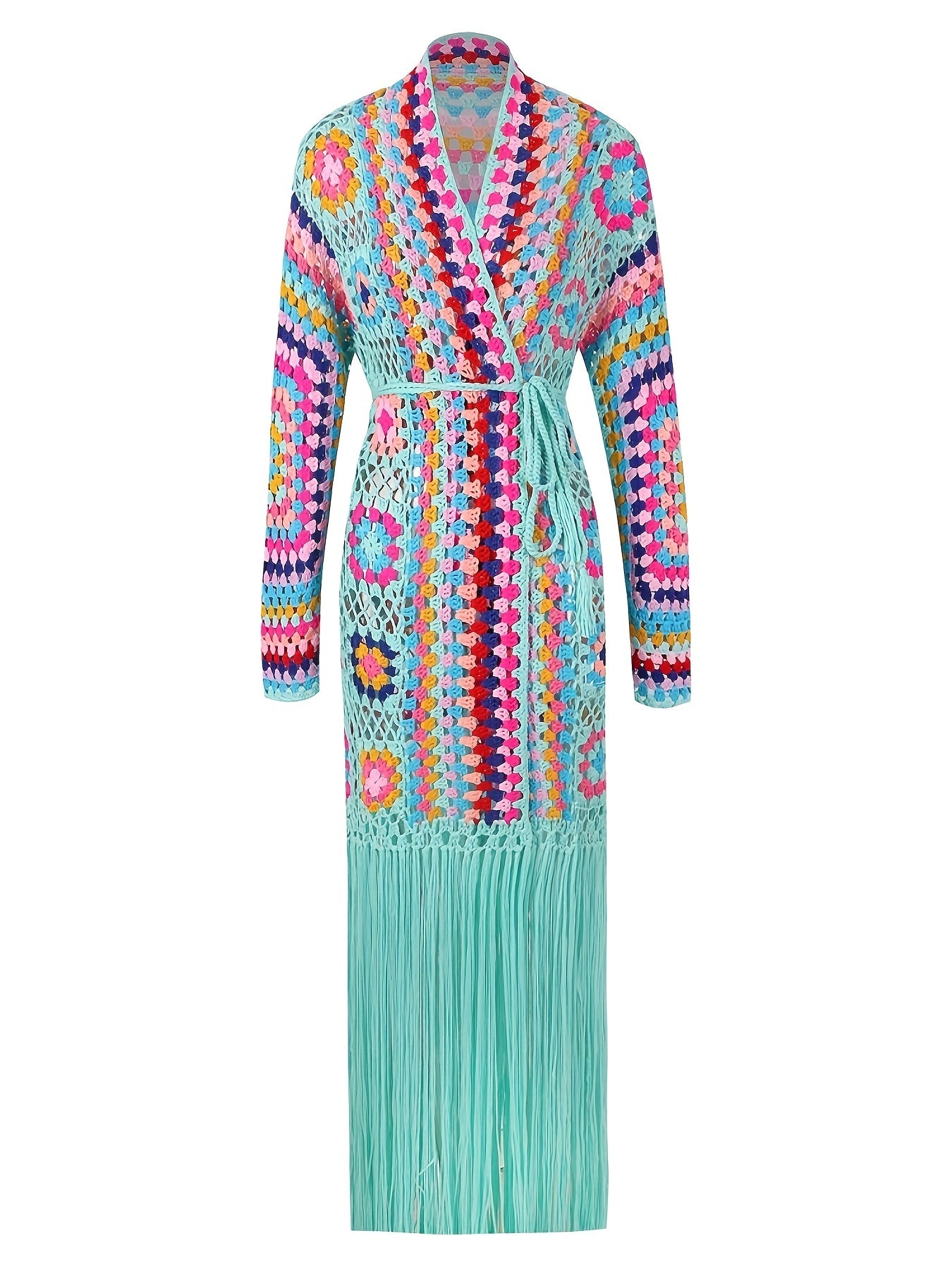 EDOLYNSA Handmade Crochet Tassel Women's Elegant Sweater Jacket Casual Vacation Long Cardigan Women's Spring and Autumn Jacket Swimwear Cover-up A1215