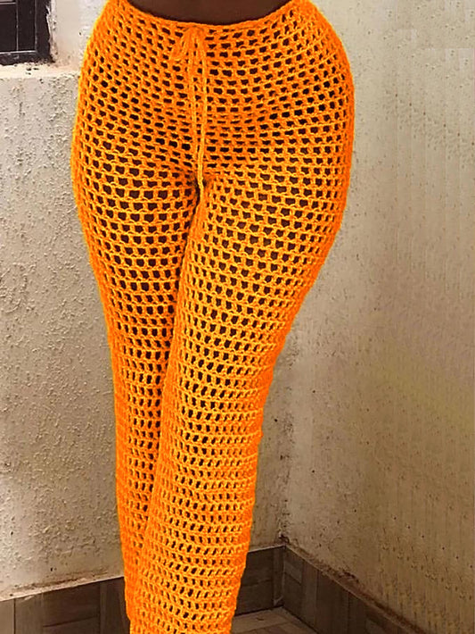 Women's Bright Orange Crochet-Texture Drawstring Waist Straight-Leg Beach Pants - Lightweight Semi-Sheer Summer Vacation Pants with Medium Stretch, Hand Wash/Dry Clean, Beach Clothes